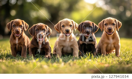 Five Adorable Puppies Sit Happily in Green Grass, Enjoying the Warm Sunlight 127941034