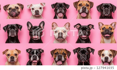 Dogs posing on pink backdrop. Adorable pets showcase diverse breeds with happy expressions, playful charm. Studio photography, animal themes. 127941035