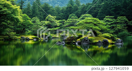 Green Moss Garden Reflects Tranquility on Calm Pond. Tranquil Nature Landscape Theme. Green Moss Garden Reflects Tranquility on Calm Pond. Tranquil Nature Landscape Theme. 127941059
