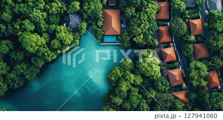 Tropical Resort Nestled in Lush Greenery with Tranquil Lagoon, Embracing Nature's Beauty. Tropical Resort Nestled in Lush Greenery with Tranquil Lagoon, Embracing Nature's Beauty. 127941060