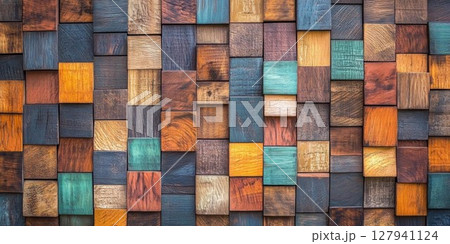 Colorful Wooden Blocks Form a Textured Wall with Various Colors and Wood Grains, Rustic Design Inspiration. 127941124