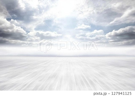 White Wooden Floor Extends Towards Cloudy Sky with Dreamlike Atmosphere. White Wooden Floor Extends Towards Cloudy Sky with Dreamlike Atmosphere. 127941125