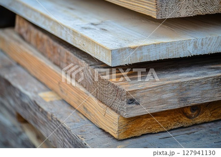 Stack of Wood Planks Showing Different Textures and Grain Patterns of Timber Material. 127941130