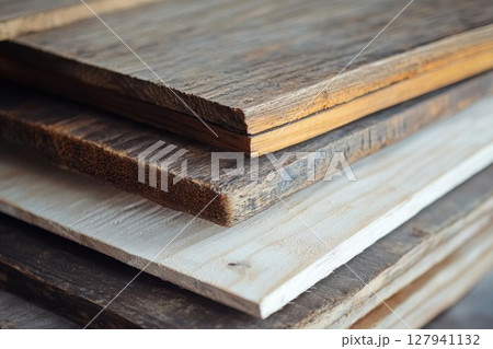 Stack of Wood Planks Showcases Variety of Textures and Grains with Rustic Charm. 127941132