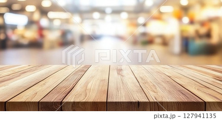 Empty Wooden Table Top Blurs Shopping Mall Background, Interior Design Concept 127941135
