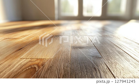 Sunlight illuminates polished wooden floor, home interior design, with natural light and shadows 127941245