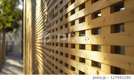 Wooden Lattice Fence Creates Intriguing Pattern with Sunlight and Shadows. Outdoor Design Element. 127941280