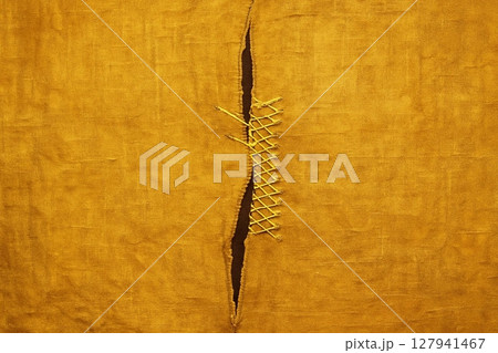 Close-Up of Neatly Stitched Patch Repairing Hole in Fabric Close-Up of Neatly Stitched Patch Repairing Hole in Fabric 127941467