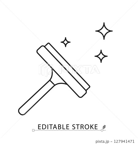 A squeegee icon in minimalist style with editable stroke. Window cleaning tool, glass scraper, household hygiene item, sanitation equipment, surface care, outline object, vector line illustration. 127941471