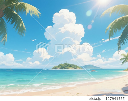 夏の海　砂浜と入道雲 127941535