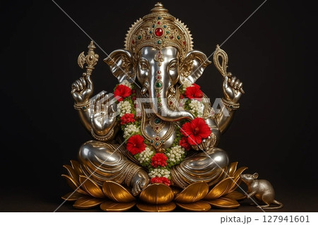 Silver Statue of Indian Elephant God Ganesha with Intricate Details Silver Statue of Indian Elephant God Ganesha with Intricate Details 127941601