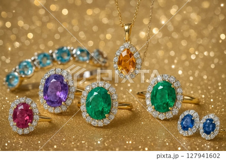 Jewelry Collection Featuring Colorful Gemstones in Elegant Designs 127941602