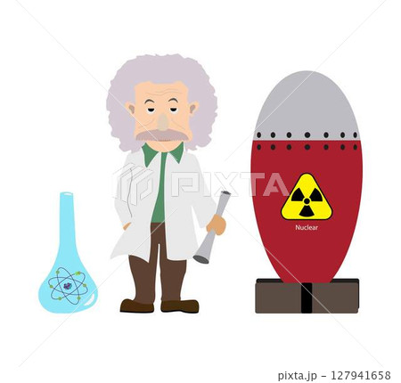 Illustration of a chemist standing beside an atomic explosion, symbolizing the power of science and discovery. The artwork mixes scientific themes with dramatic visual storytelling Illustration of a chemist standing beside an atomic explosion, symbolizing the power of science and discovery. The artwork mixes scientific themes with dramatic visual storytelling 127941658