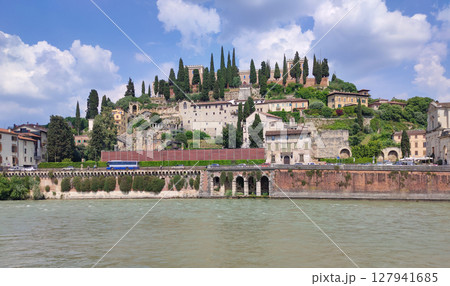 Castel San Pietro overlooking river Adige in Verona, Italy. Castel San Pietro overlooking river Adige in Verona, Italy. 127941685