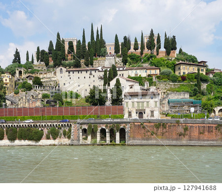 Castel San Pietro overlooking river Adige in Verona, Italy. Castel San Pietro overlooking river Adige in Verona, Italy. 127941688
