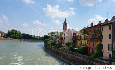 Aerial view of Verona with basilica of Saint Anastasia, Italy 127941700
