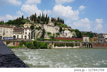 Castel San Pietro overlooking river Adige in Verona, Italy. Castel San Pietro overlooking river Adige in Verona, Italy. 127941709