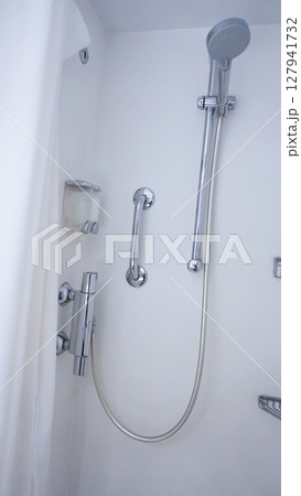 Bathroom with shower cabin, toilet on a cruise ship 127941732