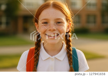 Portrait of Red-Haired Schoolgirl with Two Braids Smiling Brightly 127941838