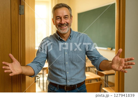 Teacher Warmly Welcoming Students at Classroom Entrance with Joyful Smile 127941839
