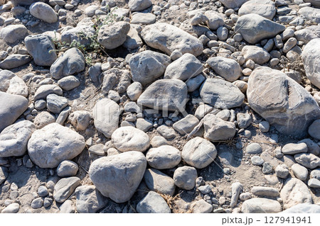 Natural river stones and pebbles scattered across a sunlit riverbank creating a textured landscape 127941941