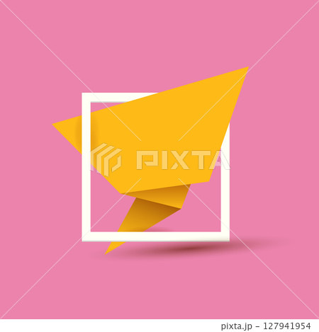 Orange origami speech bubble or banner isolated on pink background. Ribbon banner, scroll, price tag, sticker, badge, poster. Vector cover design template 127941954