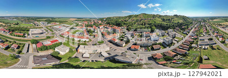Aerial panoramic view town rolling hills countryside. Slovenia, Lendava. 127942021