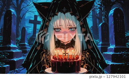 Dark Fantasy Anime Girl with Cake in Spooky Graveyard 127942101