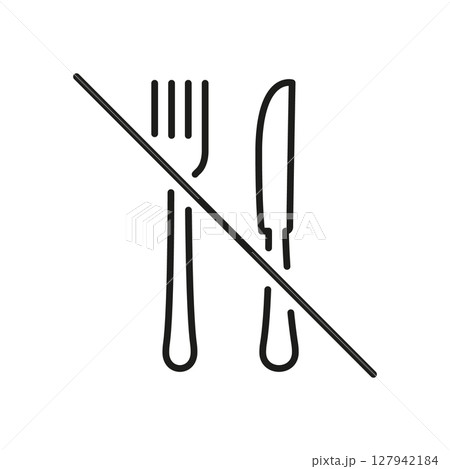 Fork And Knife With Prohibition Line Icon. No Eating, Fasting, Or Dietary Restriction Outline Symbol. Food Restriction And Health Awareness. Editable Stroke. Isolated Vector Illustration 127942184