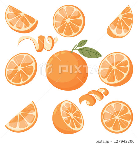 Oranges vector set. Various hand drawn oranges in simple flat style. 127942200