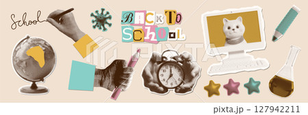 Set with collage torn out paper stickers for back to school or education theme. The halftone hand and study elements - PC screen, globe, alarm clock. Vector dotted illustration 127942211