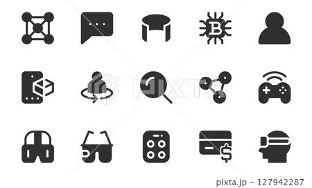 Metaverse glyph icons pack for web design. Solid icon set with cyberspace, online connection, simulation, computer, avatar, bitcoin, cyber game, vr glasses and more pictograms. Vector illustration. 127942287