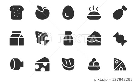 Food glyph icons pack for web design. Solid icon set with bread, apple, egg, chicken leg, milk package, fish, jar, cake, candy, sausage, cheese, pizza, steak and more pictograms. Vector illustration. Food glyph icons pack for web design. Solid icon set with bread, apple, egg, chicken leg, milk package, fish, jar, cake, candy, sausage, cheese, pizza, steak and more pictograms. Vector illustration. 127942293