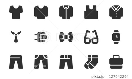 Clothes and accessories glyph icons pack for web design. Solid icon set with t-shirt, shirt, tie, belt, bow, glasses, watch, pants, jeans, socks, briefcase and more pictograms. Vector illustration. 127942294