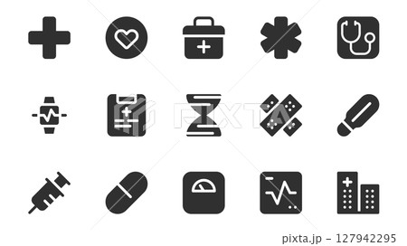 Health and medicine glyph icons pack for web design. Solid icon set with cross, heart, first aid kit, pharmacy, stethoscope, patient record, plaster, thermometer, more pictogram. Vector illustration. 127942295