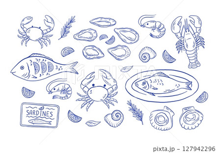 Set of hand draw Mediterranean seafood vector illustration. Oysters, lobster, crab, fish, scallop, sardine, shrimp clipart for menu, for restaurants, markets, shop. La dolce vita Set of hand draw Mediterranean seafood vector illustration. Oysters, lobster, crab, fish, scallop, sardine, shrimp clipart for menu, for restaurants, markets, shop. La dolce vita 127942296