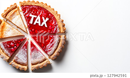 Pie chart illustration with a sliced tart and the word 'Tax' on one part. Concept of tax distribution in income and expenses 127942591