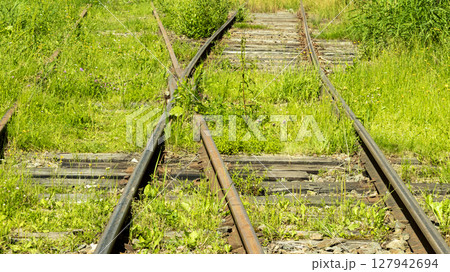 electric train tracks on a bright Sunny day 127942694
