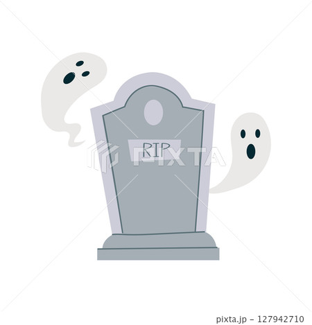 Spooky Halloween vector illustration with a tombstone and two friendly ghosts. Perfect for holiday decorations, greeting cards, party invitations. 127942710