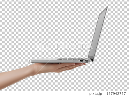 Laptop held in hand isolated on transparent background, sleek modern tech device Laptop held in hand isolated on transparent background, sleek modern tech device 127942757