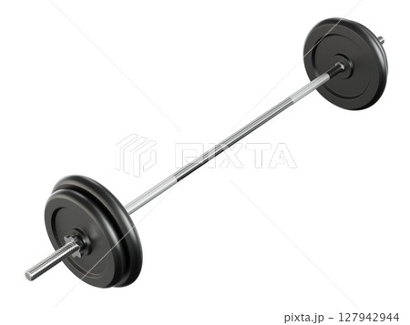 Cast Iron Black Adjustable Barbell, weightlifting gym equipment, side view 127942944