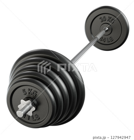 Cast Iron Adjustable Barbell with plates, weightlifting gym equipment, side view 127942947