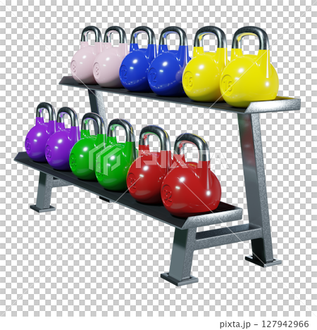 Gym rack with different Olympic kettlebells, cast iron powerlifting equipment Gym rack with different Olympic kettlebells, cast iron powerlifting equipment 127942966