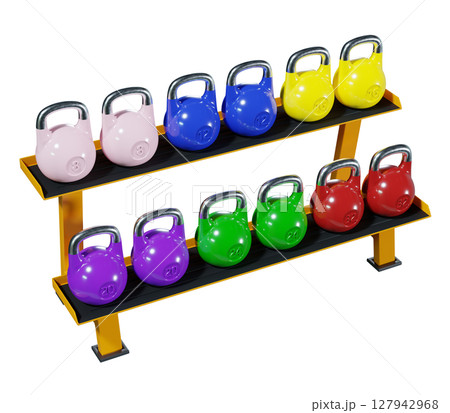 Gym rack with different Olympic kettlebells, cast iron powerlifting equipment 127942968
