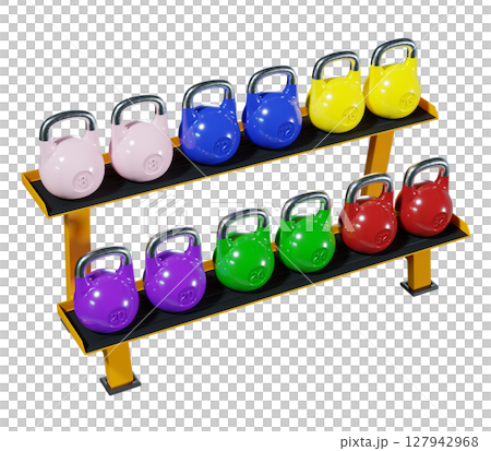 Gym rack with different Olympic kettlebells, cast iron powerlifting equipment 127942968