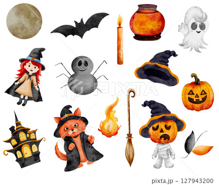 Watercolor clipart set for Halloween. Includes yellow moon, bat, candle, potion cauldron, friendly ghost, zombie and fire and other elements. Hand drawn on a white background. Watercolor clipart set for Halloween. Includes yellow moon, bat, candle, potion cauldron, friendly ghost, zombie and fire and other elements. Hand drawn on a white background. 127943200