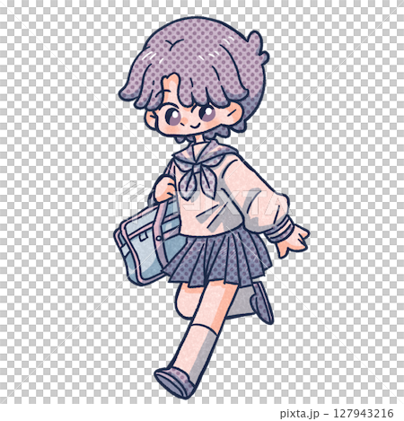 Monochrome hand-drawn illustration of girls in school uniform 127943216