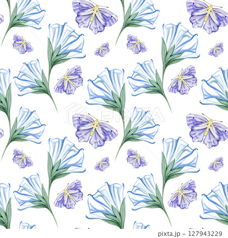 Seamless pattern watercolor moon flowers leaves moth night butterfly hand drawn illustration. Painted floral elements. Botanical natural objects. Fabric, print. 127943229