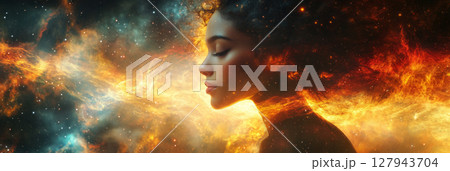 Dreamy double exposure of a woman face blending seamlessly with a swirling space nebula. Swirling galaxies and cosmic clouds create a surreal, infinite connection to the cosmos, banner 127943704
