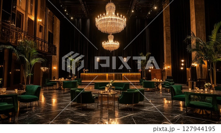 Luxury hall interior showcasing elegant decorations with chandeliers, dark marble flooring, and chic seating arrangements, creating sophisticated atmosphere for upscale events and gatherings 127944195